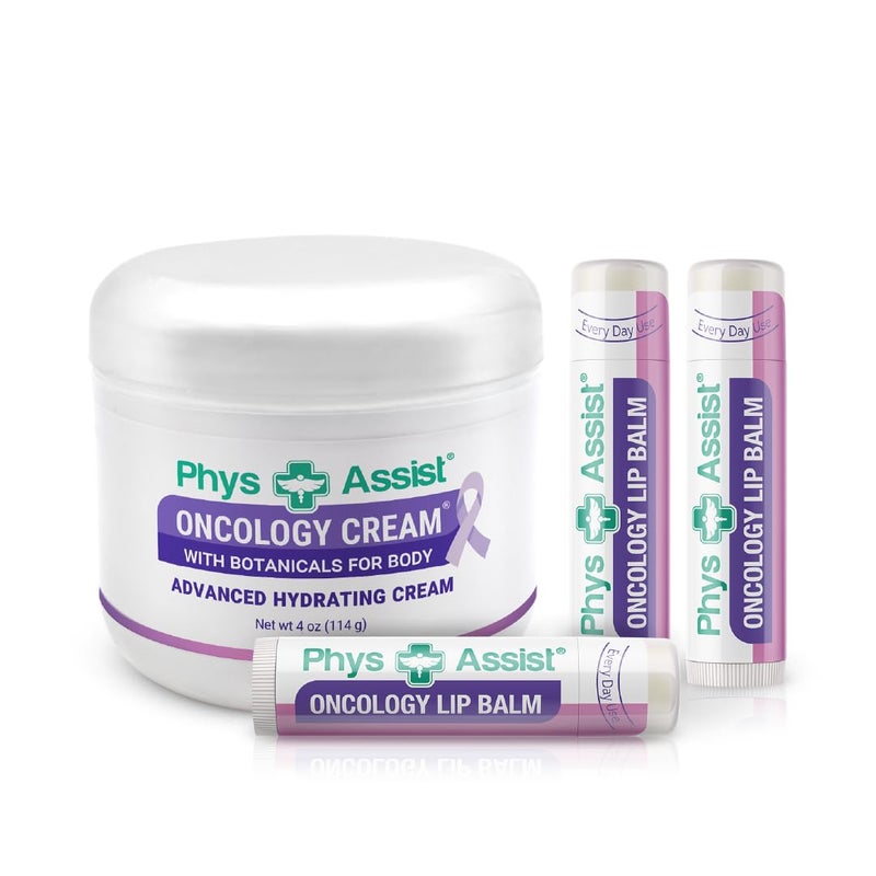 PhysAssist Oncology Cream 4 oz plus 3 Pack Lip Balm. Hydrating to Stressed Skin Undergoing Chemo or Radiation. Skin Therapy. Made with Botanicals. - Image 1